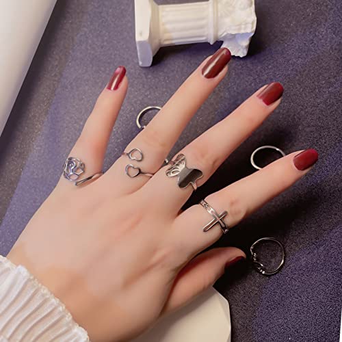 8 Pack Stainless Rings Set For Women Silver Aesthetic Jewelry Rings Adjustable Stackable Rings For Teen Girls Trendy Knuckle Thumb Finger Rings Size 8 9 7 10 Indie Rings With Infinity Butterfly Cross Heart-Beat Heart Tree Flower Ring Set #TOP3