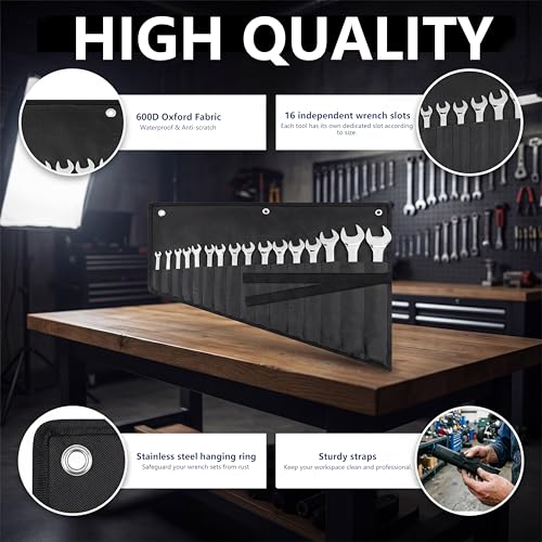 Image of Wrench Roll Up Pouch, 16-Pocket Heavy Duty Tool Roll Up Bag | Sturdy Waterproof Oxford Fabric, 3 Rings, for Wrenches, Screwdrivers, Hand Tools Storage, Portable Organizer for Mechanics
