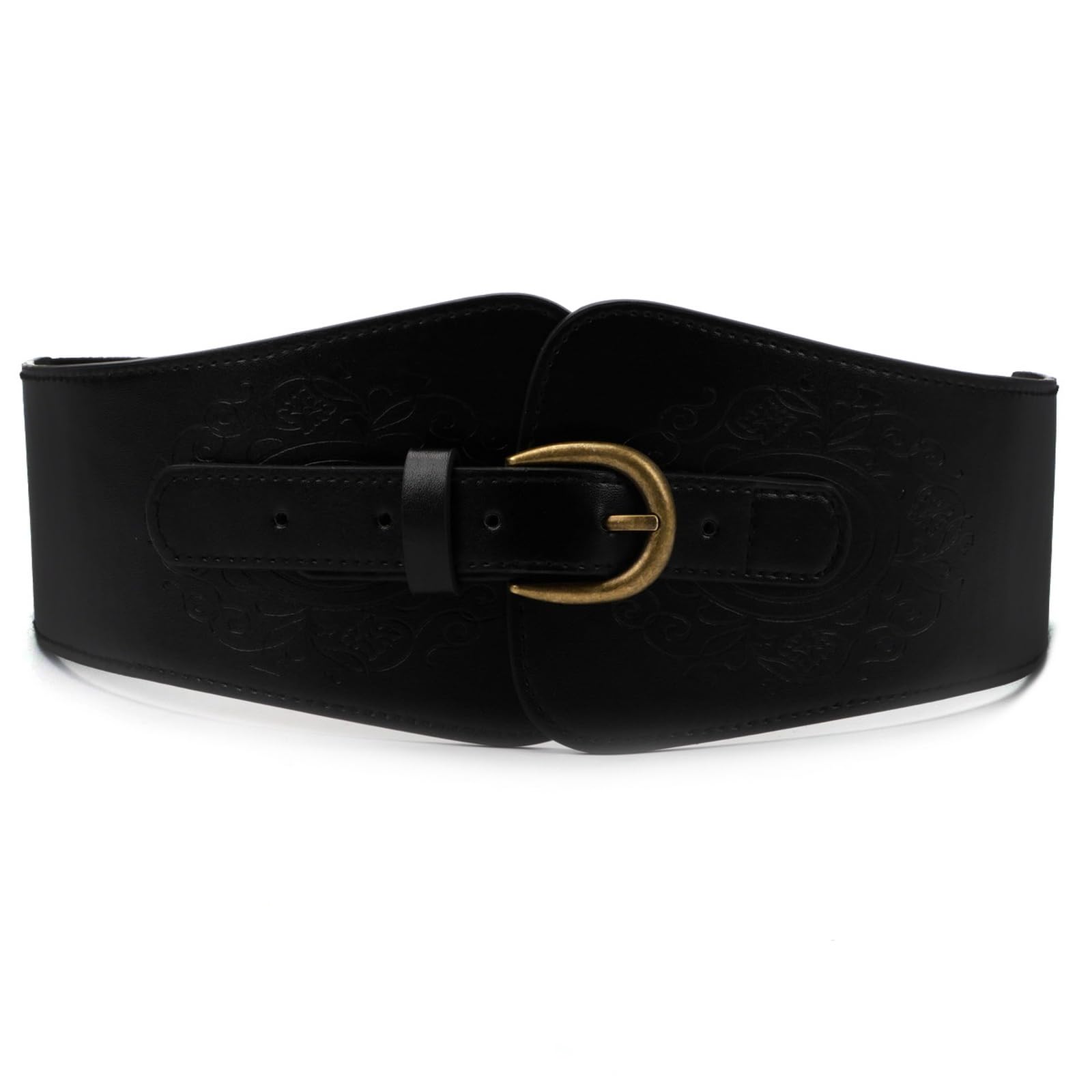 VANANA Elastic Waist Belt Black Vintage Wide Corset Waspie Stretchy Belt Leather Waistband Totem Print