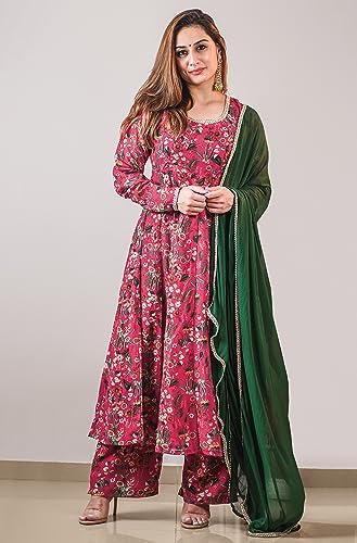 Janasya Indian Women's Flowy Floral Printed Kurta Kurti Top Tunic Festive Wedding Party wear Kurta with Pant and Dupatta2