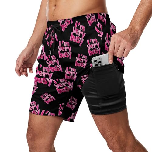 I'm Very Busy Mens Swim Trunks Swimming Board Shorts with Compression Liner Summer Beach Bottom2