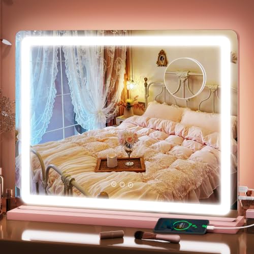 FENNIO 23 x 18 Vanity Mirror with LightsLED Makeup MirrorHollywood Mirror with 3 Color Modes & Adjustable BrightnessVanity Mirror Pink