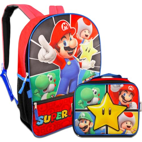 Super Mario Backpack and Lunch Box Set for Kids - Bundle with Backpack, Lunch Bag, Stickers, Water Bottle, More | Mario Bag for Boys 4-62