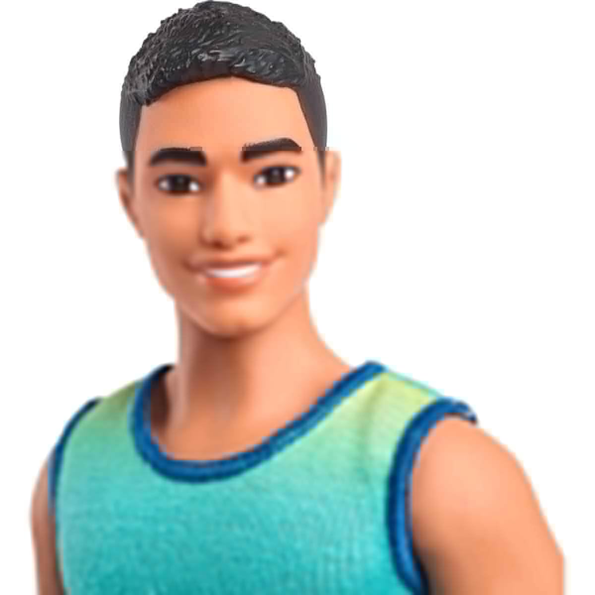 Barbie Fashionistas Ken Lalka #236 z czarnymi włosami, w niebiesko-zielonej koszulce z efektem ombre, dżinsowych szortach i srebrnych bucikach sportowych, HYV00