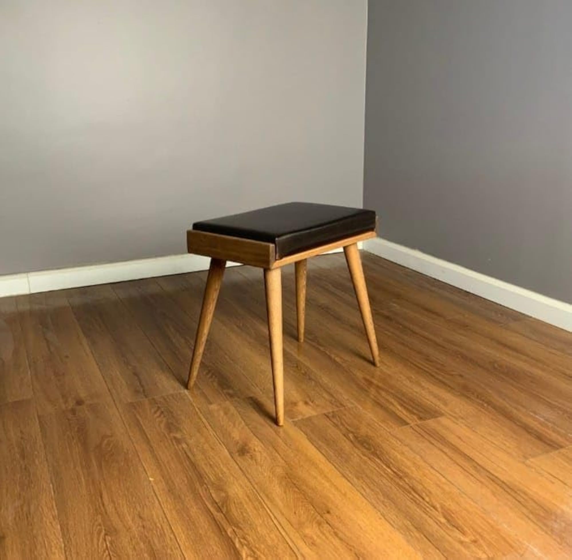 Solid Sheesham Wood Stool with Cushion, Black Leather