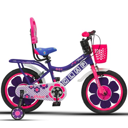 Image of Petal 16T Kids Bicycle with Training Wheels | Backrest, Basket & Full Chain Cover | Ideal for Girls Aged 5-7 Years (Purple-Pink, 16T)