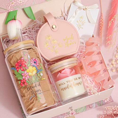 Maid of Honor Proposal Gift Box Will You Be My Maid of Honor Gift Set with 16oz Glass Cup Jewelry Box Tulip Candle Hair Claw Clip & Card for Bridal Party