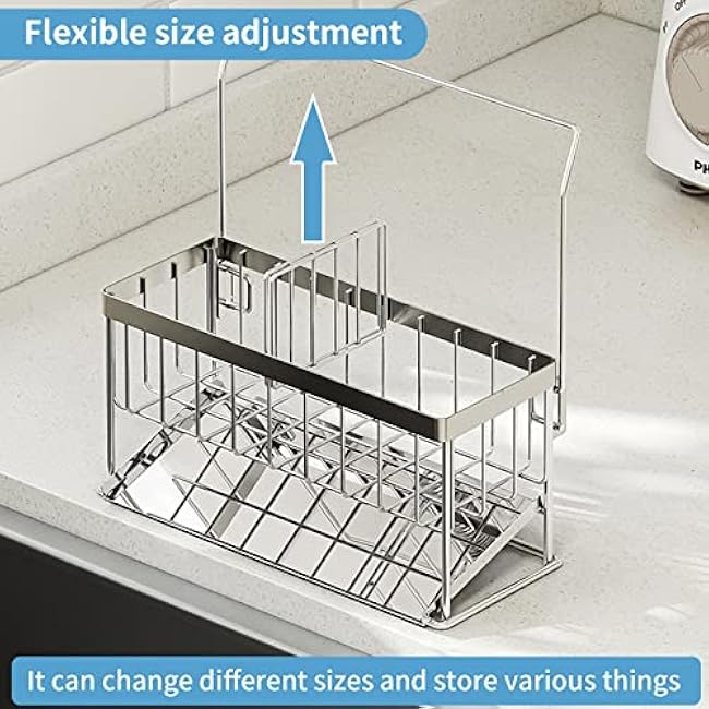 Kitchen Sink Caddy - Sponge Brush Holder with Removable Slope Drip Tray SUS304 Stainless Steel Rustproof Sink Rack
