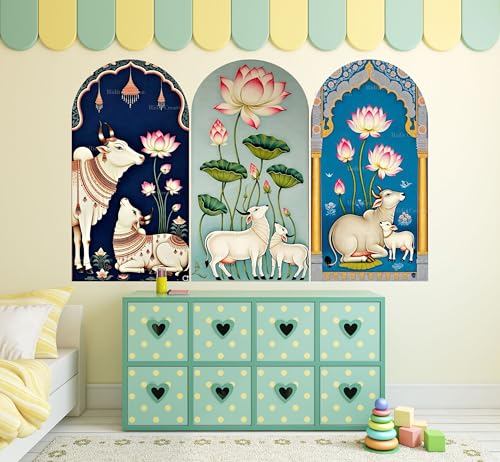 Image of Ridit Creation Sacred Cow & Lotus Flower Wall Poster Set of 3 | Traditional Indian Spiritual Wall Art with Temple Arch Design | Decorative Religious Posters for Living Room, Bedroom, Pooja Room