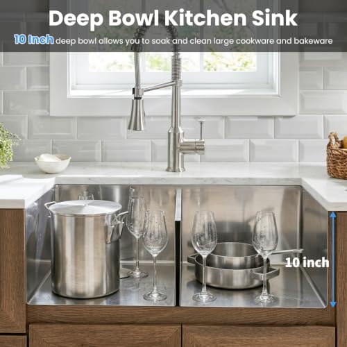 Image of SANYCASA 30 Inch Double Bowl Kitchen Sinks with Quick Drain Slope - 11 Gauge (3mm) 304 Stainless Steel Undermount Kitchen Sink with Accessories