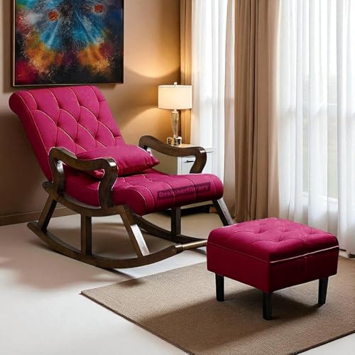 Image of Wood Modern Ergonomic Rocking Chair Including with Cushain Footrest for Relaxing | Rolling Chair for Living Room (Maroon)