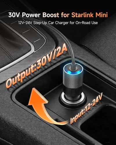 Image of Starlink Mini Car Power Adapter, 12V-24V to 30V DC Step Up Converter, 60W Stable Output, Supports 200FT DC Cable Run, Aluminum Alloy Car Charger for RV Camping Truck Boat