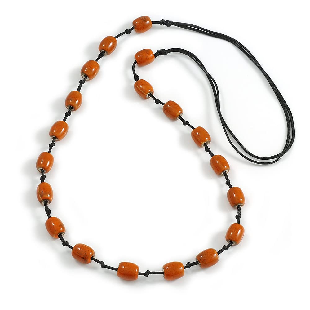 Avalaya Collar largo con cuentas de cerámica ovaladas color naranja polvoriento, cordón de algodón negro, 88 cm, ajustable, talla única, Cerámica Cordones
