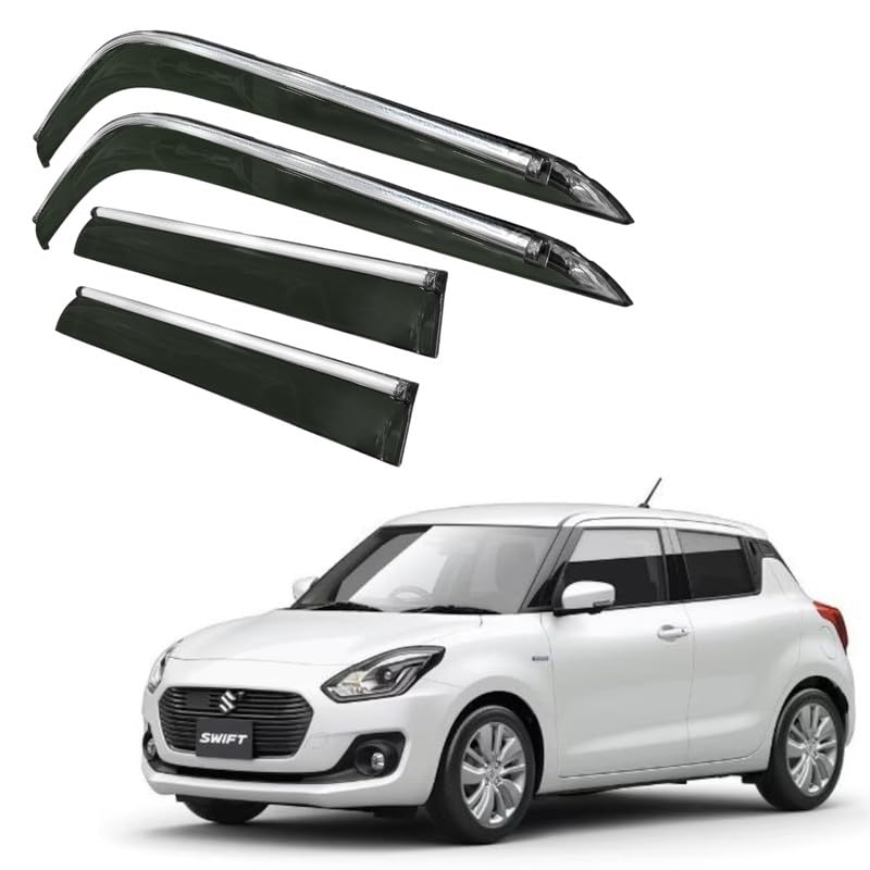 Image of CAR SAAZ Side Door Visors for Swift Type 5(2018-2023)(Set of 4Pcs)|Chrome Lined Rain Guards, Polycarbonate, Smoke Finish