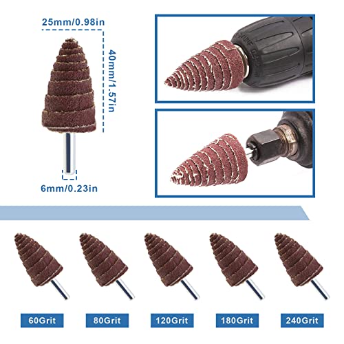 Create idea 25pcs Cone Shape Abrasive Sandpaper 60 80 120 180 240 Grit Deburring Sanding Polishing Flap Wheel Grinding Head Rotary Tool Tapered Roll Polish Mounted Point 1/4\" Shank