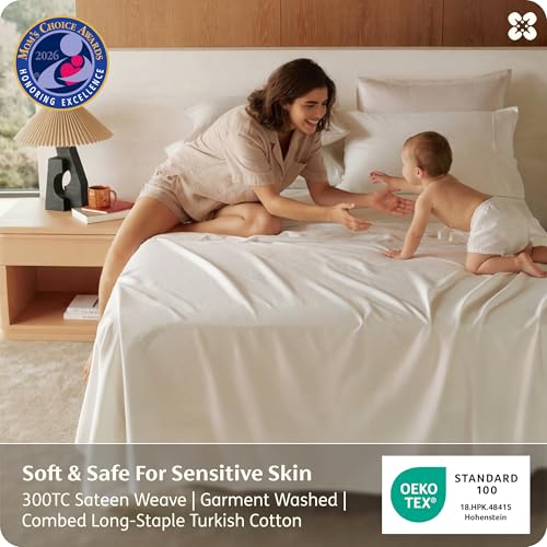 Image of Bedsure PureWoven 100% GOTS Certified Organic Cotton Sheets, Queen Size | Eco-Friendly, 17 inch Deep Pocket with Corner Straps, Luxury Hotel Soft, Breathable & Durable Sateen Bed Sheets, OEKO-Tex, Ivory