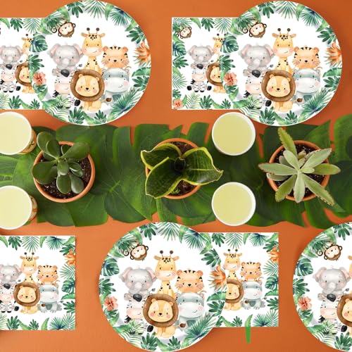 Dschungel Safari Partygeschirr Set,Tier-Geburtstagparty Geschirr für 20 Gäste,Dschungel Geburtstag Dekoration Partygeschirr mit Grun Tiere Papier Teller Tassen Servietten,für Junge Mädchen Baby Shower