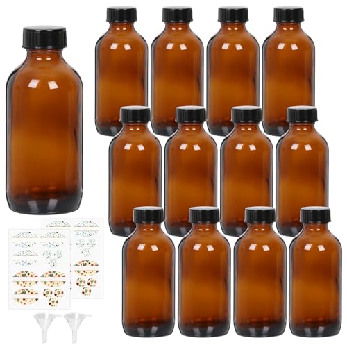 STARSIDE 12 Pack 8 oz Amber Glass Bottles with Lids 240 ml Round Boston Bottles for Essential Oils Hot Sauce Juice Liquids Include 2 Funnel 12 Labels.