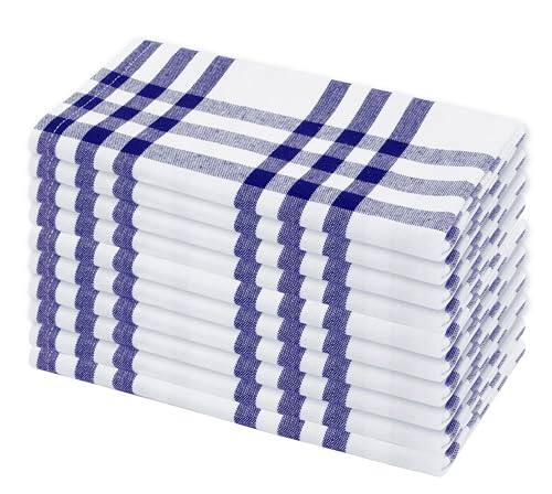 PurpleEssences Homestead Plaid Cloth Napkins - Mitered Corners - Spring Easter Summer - Check Dinner Napkin - Set of 12-100% Cotton - 18x18 Inch - Reusable Washable - Blue and White