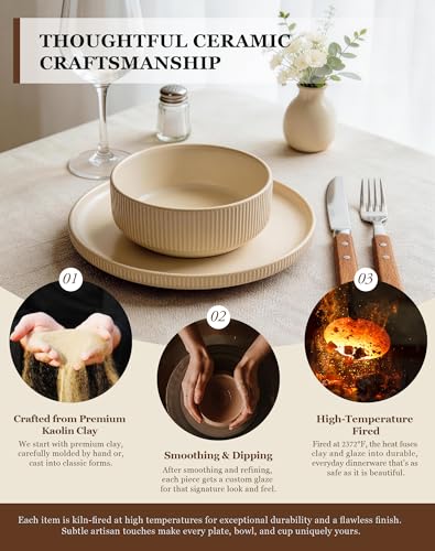 Image of OTAGO 24-Piece Dinnerware Set for 6 with Mugs, Ribbed Stoneware Plates and Bowls Sets, Unique Handcrafted Reactive Glaze, Chip and Scratch Resistant Dish Set, Microwave & Dishwasher Safe, Yellow