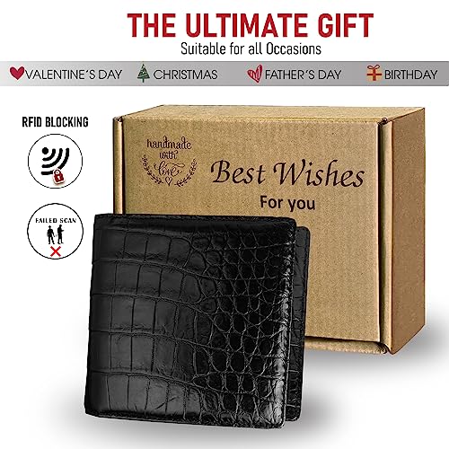 Image of HATA Men Leather Bifold Wallet RFID Blocking Front Pocket Exotic Billfold Handmade Gift For Birthday Wedding Anniversary Father's Day