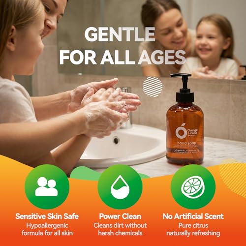 Image of ORANGE HOUSE Hand Soap, Cold-Pressed Orange Oil, 12 Fl Oz (Pack of 3) | Moisturizing Citrus Formula, Hypoallergenic, Gentle for Sensitive Skin, Kitchen & Bathroom Pump Bottle