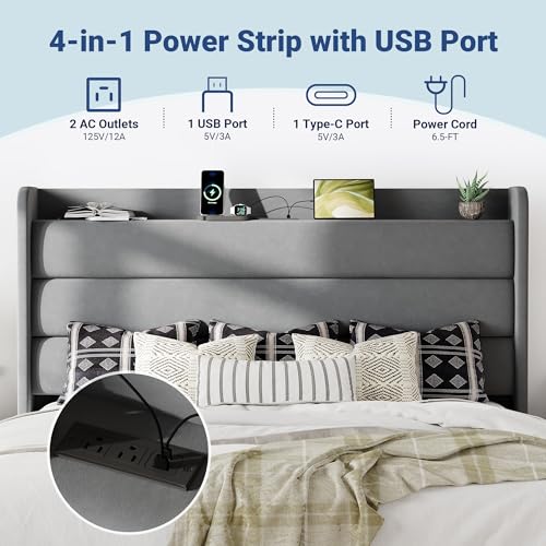 Image of Allewie King Size Upholstered Bed Frame with Charging Station, Grey