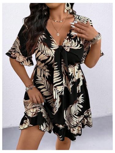 Women's Plus Size Tropical Dress Ruffle Flowy Boho V Neck Short Sleeve Knot Front Summer Vacation Dresses4