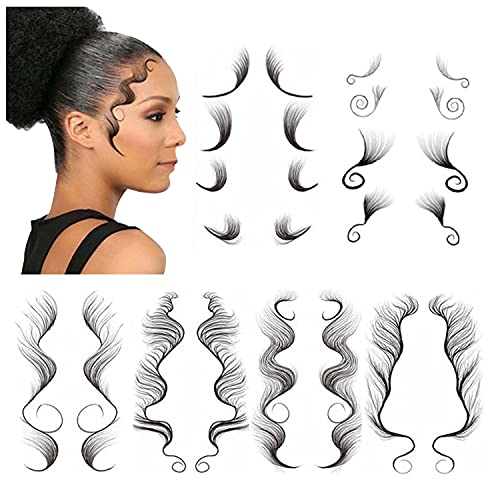 6PCS Baby Hair Temporary Tattoo Stickers, Fashion Hair Edge Tattoo Edges Curly Hair, DIY Hairstyling Hair Tattooing Template Hair Stickers Lasting Makeup Tool.