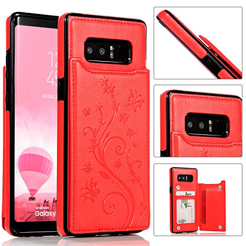 QFUN Back Wallet Case for Samsung Galaxy Note 8 with Stand, Elegant Embossed Design [Butterfly Flower] Lightweight Slim Fit Leather Phone Case with Card Holder Protective Bumper Flip Cover - Red