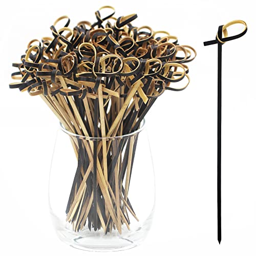 BLUE TOP Bamboo Cocktail Picks 200 PCS Black Bamboo Skewers 4 Inch with Looped Knot, Food Picks,Party Toothpicks for Appetizers,Cocktail Drinks,Barbecue Snacks,Club Sandwiches.