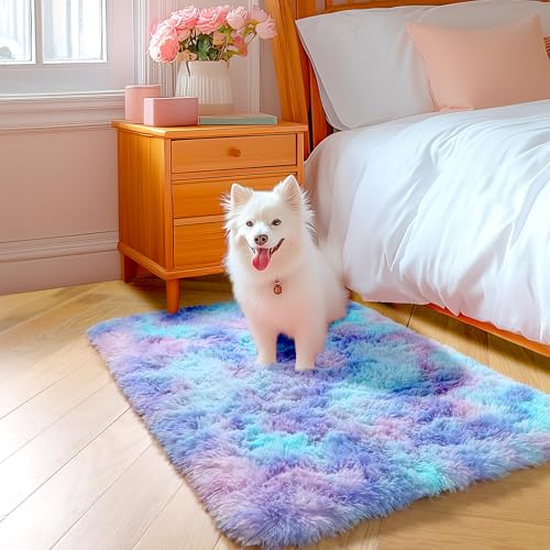 Amdrebio Purple Rainbow 2x3 Small Area Rugs for Bedroom Girls Room Decor, Colorful Mermaid Stitch Frozen Kids Rugs for Playroom Nursery Dorm, Fluffy Furry Cute Shag Kawaii Carpet for Baby Toddler