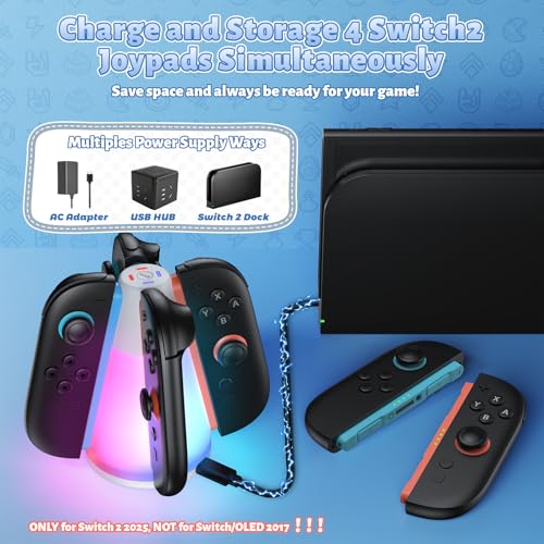 Image of FASTSNAIL Charging Dock for Nintendo Switch 2(2025) for Joy-Con 2, 4 in 1 Dual-Direction Magnetic Fast Controller Charger Station with 10 RGB Light & Night Light Mode, Switch 2 Joypad Accessories
