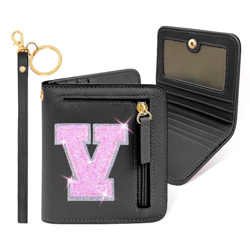 Image of COSHAYSOO Initial Wallet RFID Small Bifold Slim Letter Wallet for Women Teenager Girls Travel Daily Necessities Credit Cards Money Cash Coin Organizer, Black, Compact, V