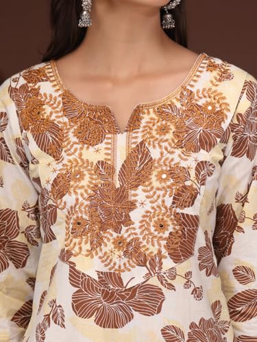 Image of Women Cotton Floral Printed Casual Straight Embroidery Kurta | Formal Kurti for Women