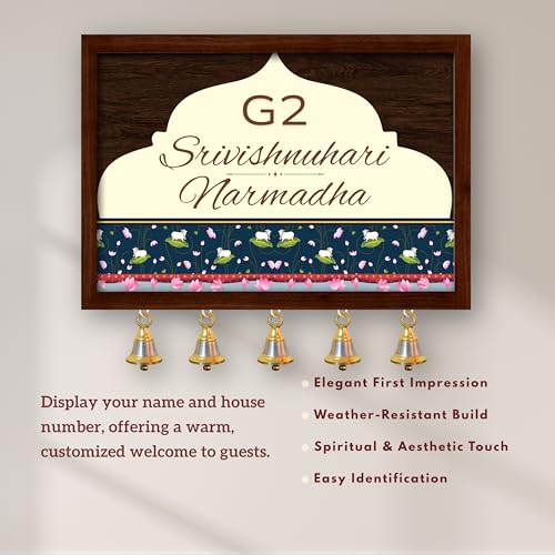 Image of Customised Name Plate for Home Entrance | Wooden Door Name Plate with Brass color Bell & Matte Finish for Home Decor | Personalized with Name & Apartment Number | 10x14 inch | Housewarming Gift (WOODEN BROWN)