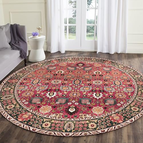 vivorug Round Rug 5ft Vintage Round Area Rug Non-Slip Indoor Carpet for Living Room Bedroom Entryway, Stain Resistant Home Decor Circle Rug, Cherry Red/Spice