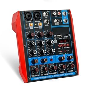 4 Channel Audio Mixer Portable Mini Sound Board Console with USB Audio Interface 48V Phantom Power Bluetooth USB MP3 DJ Mixer for Live Performance DJ Stage
