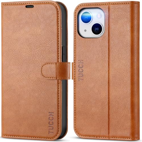 Image of TUCCH Wallet Case for iPhone 13 (6.1 inch) 2021, 3 Card Slots, Light Brown | RFID Blocking, Viewing Stand, Shockproof TPU Shell, PU Leather, Magnetic Closure, Protective Folio Flip Cover