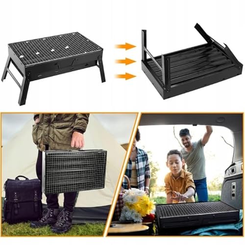 KRUMAD Camping Grill Klappbar, tragbarer Holzkohlegrill 38,5x27 cm, Tischgrill für Campingküche & Outdoor, Mini Kohlegrill faltbar mit Grillrost, ideal für BBQ, Reisen, Picknick, Balkon
