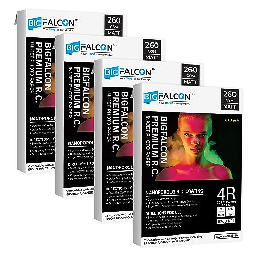 Image of BIGFALCON Premium 260 GSM 4R Size (4X6 inch) Matt (Luster) RC Resin Coated Waterproof Inkjet Photo Paper 200 Sheets for all Inkjet Printer (Pack of 4)