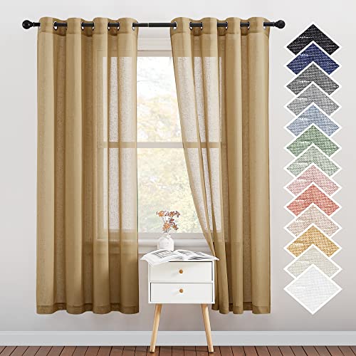 NICETOWN Linen Textured Semi Sheer Bedroom Curtains, Grommet Top Casual Thick Semitransparent Flax Sheer Window Treatment Privacy for Living Room, Camel, W52 x L72, Sold by 2 Panels