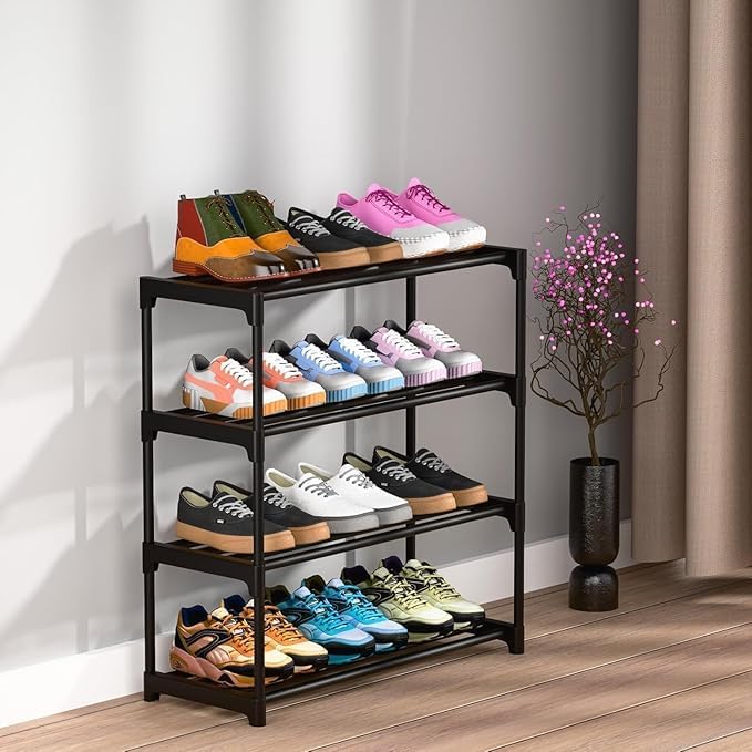 Image of Mevigo 4 Tier Shoe Rack Organizer for Home, Space Saving Shoe Storage Shelf, Durable Multi-Layer Footwear Stand for Entryway, Bedroom, Closet & Living Room,-Blacknew
