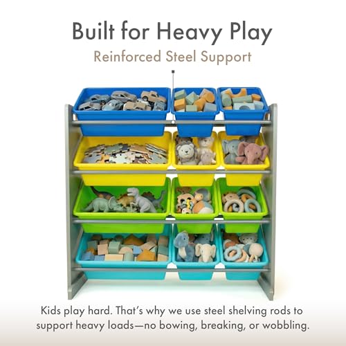 Image of Humble Crew Toy Storage Organizer with 12 Removable Storage Bins for Kids Playroom, 4-Tier Toddler Toy Organization, Grey /Blue /Green /Yellow
