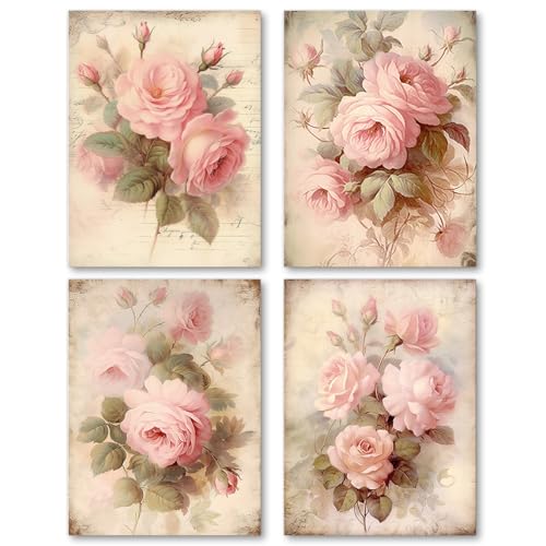 Image of laveliabel Vintage Pink Rose Wall Art Prints Set of 4 Unframed, Floral Wall Decor, Shabby Chic Pink Floral Botanical Poster Prints for Cottagecore Home Room Wall Decor 12x16 Inches