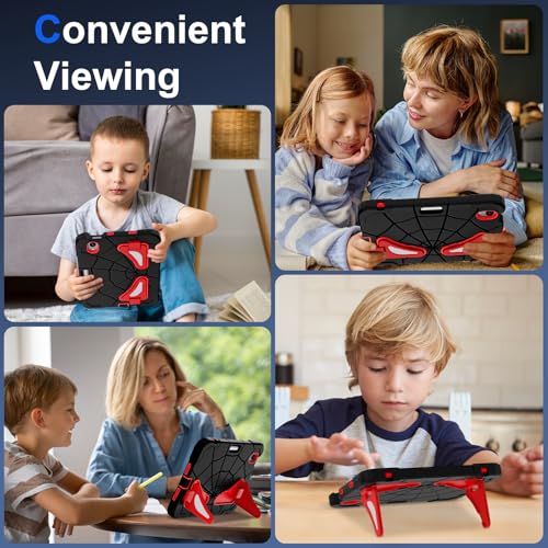 Image of Kids Case for iPad Mini 7 A17 Pro 2024 / Mini 6 8.3 inch, Spider Case for iPad Mini 7th 6th Generation, Shockproof Durable Full Protective Cover with Pencil Holder, Kickstand (Black+Red)