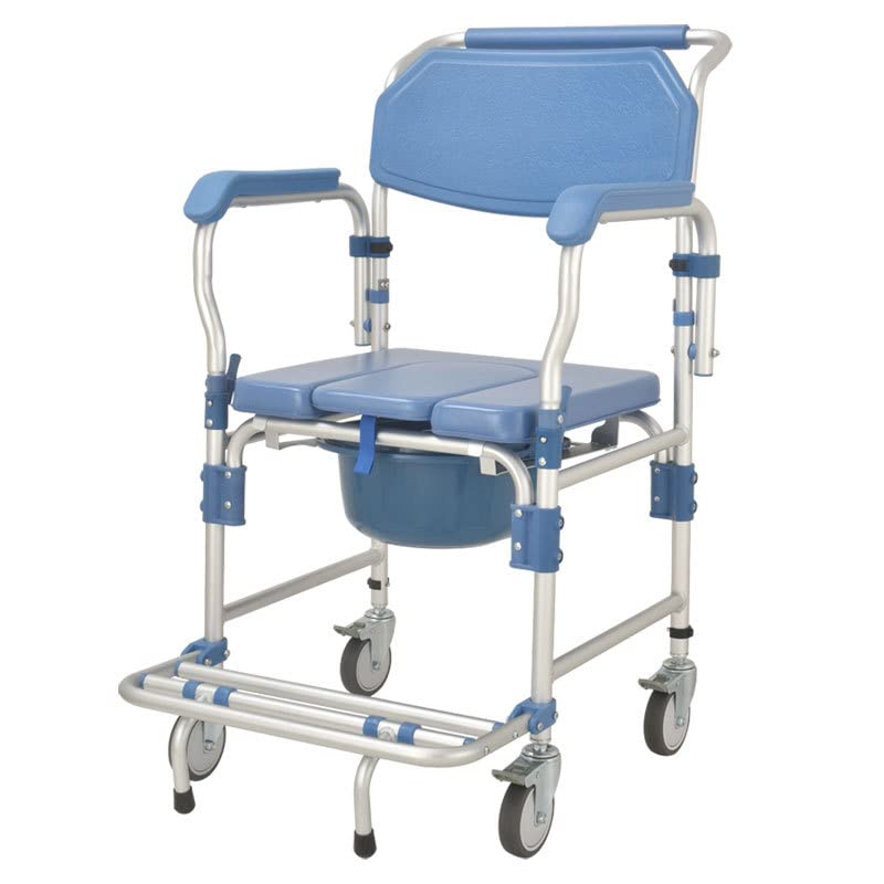 Cómoda para personas mayores - Silla de ducha móvil con ruedas, diseño plegable, pedal y cojín de esponja, ideal para uso en mesita de noche para personas con discapacidad y ancianos