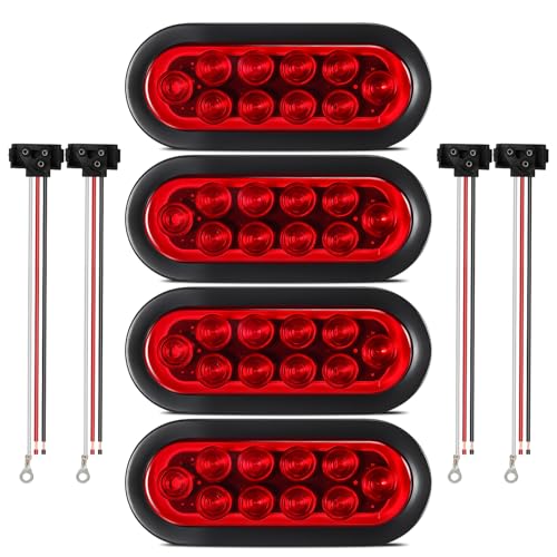 Partsam 4pcs Trailer Truck LED Sealed RED 6 Oval Stop/Turn/Tail Lights Flush Mount Waterproof Including 3-pin Water Tight Plug with Wires and Grommets Sealed DOT Compliant