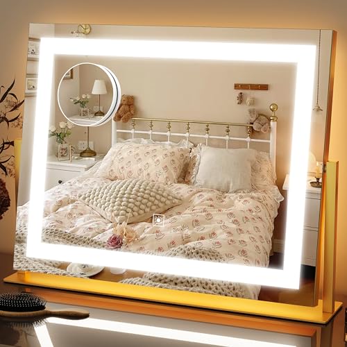 Image of FENNIO Vanity Mirror with Lights 22''x18'' Makeup Mirror with Lights,Lighted Makeup Mirror with 10X Magnification ,Smart Touch Screen with 3-Color Lighting,Dimmable(Square Gold)