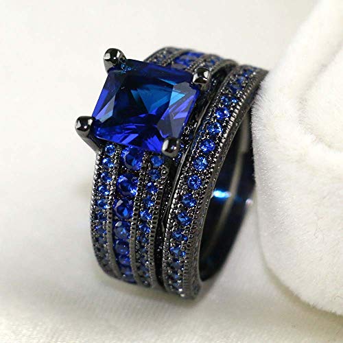 Ringcrown Couple Rings Black Gold Filled Princess Cut Blue Cz Womens Wedding Ring Sets Man Tungsten Wedding Band（Please Buy Two Rings For One Pair） #TOP2